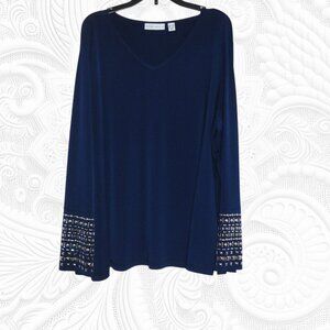 Susan Graver 1X Plus Size Embellished Navy Blue Tunic Top